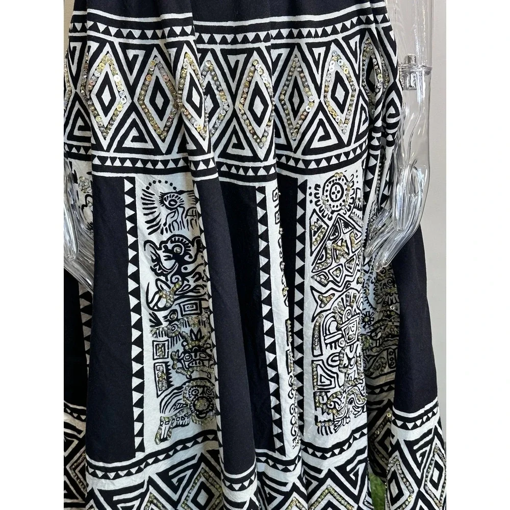 Vintage Cache Circle‎ Skirt Women One Size Black White Sequins Flare Midi Tie On